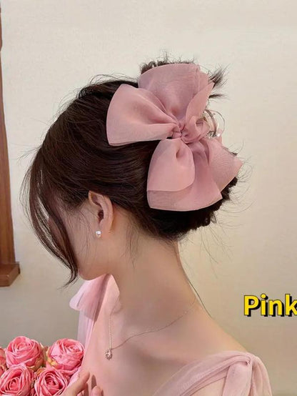 Tiered Layered Bow Design Mesh Hair Claw for Women, Large Size Easy Grasping Clip for Back to School