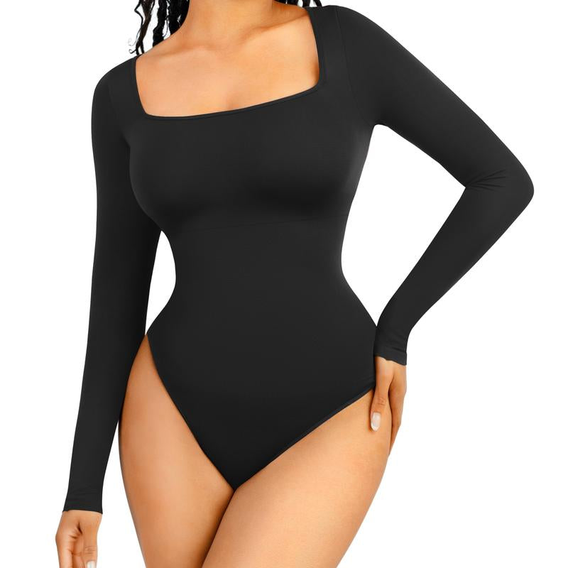 Feelingirl Women'S Seamless Sculpt Long Sleeve Thong Comfortable Bodysuit for Tops and Underwear Lady Comfort Basic