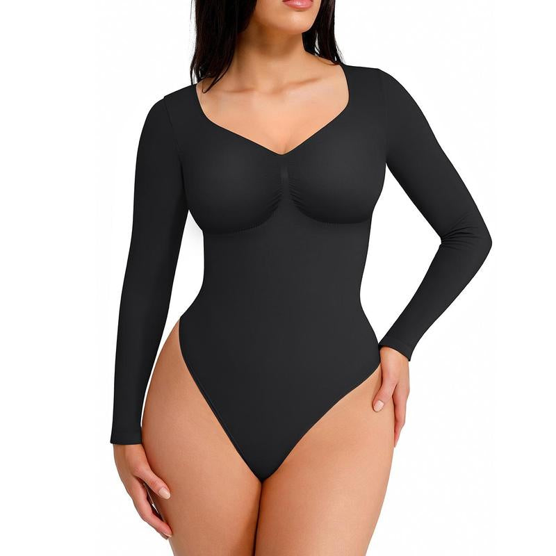 Feelingirl Women'S Seamless Sculpt Long Sleeve Thong Comfortable Bodysuit for Tops and Underwear Lady Comfort Basic