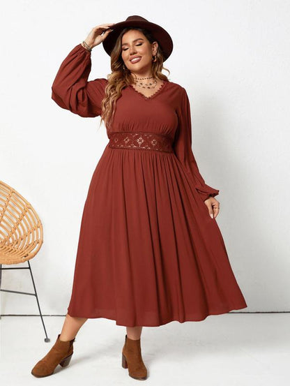 Plus Size Plain Contrast Lace V Neck Bishop Sleeve A-Line Dress, Elegant Long Sleeve High Waist Midi Dress for Spring & Fall, Women'S plus Size Dresses for Daily Wear, Clothes for Women