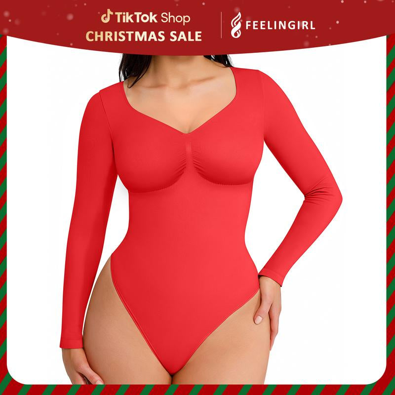 Feelingirl Women'S Seamless Sculpt Long Sleeve Thong Comfortable Bodysuit for Tops and Underwear Lady Comfort Basic