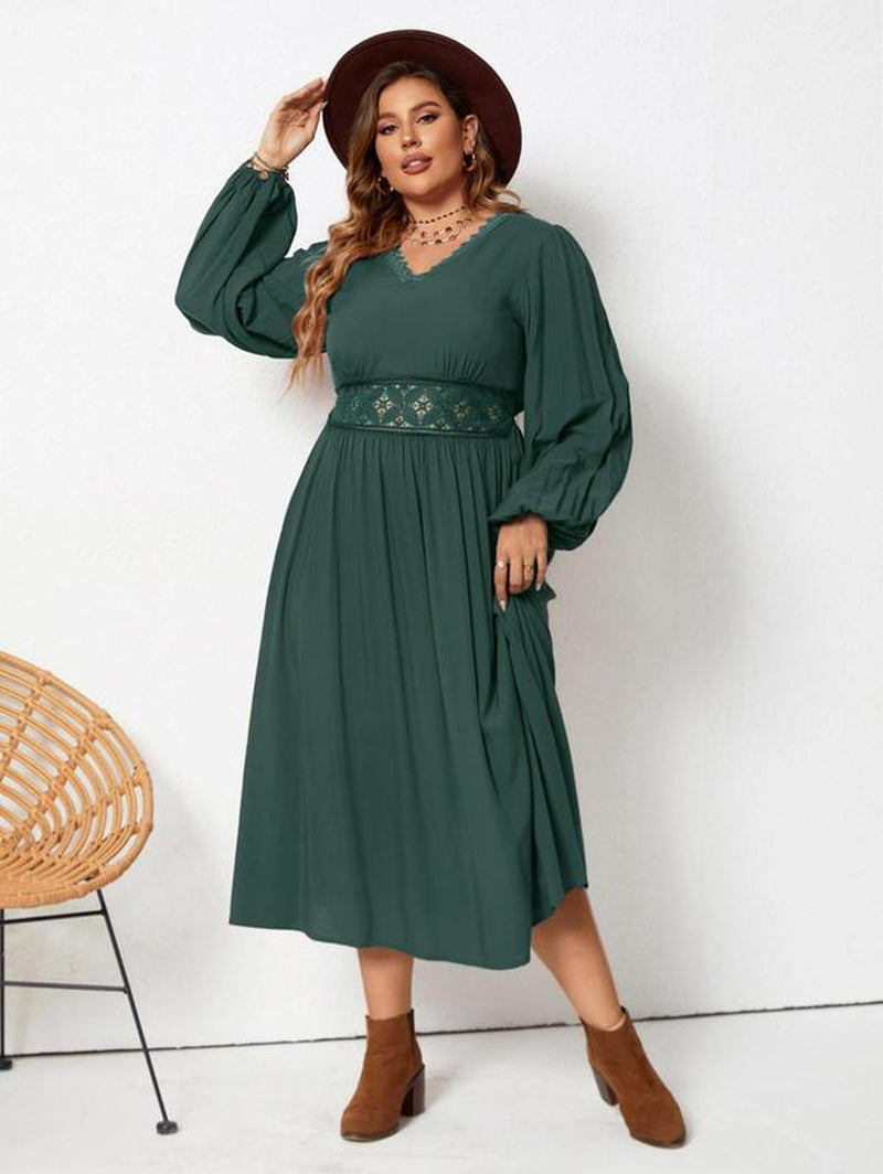 Plus Size Plain Contrast Lace V Neck Bishop Sleeve A-Line Dress, Elegant Long Sleeve High Waist Midi Dress for Spring & Fall, Women'S plus Size Dresses for Daily Wear, Clothes for Women