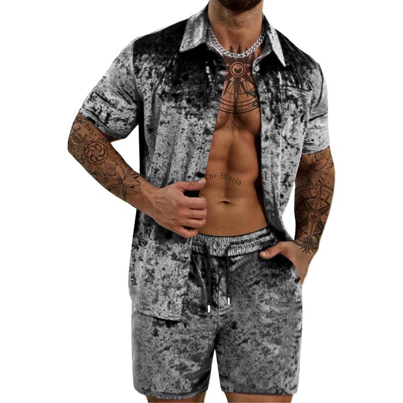 Mens Tracksuit Diamond Velvet Shirts and Shorts Set Fashion Casual 2 Piece Outfits for Men