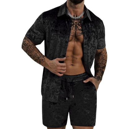 Mens Tracksuit Diamond Velvet Shirts and Shorts Set Fashion Casual 2 Piece Outfits for Men