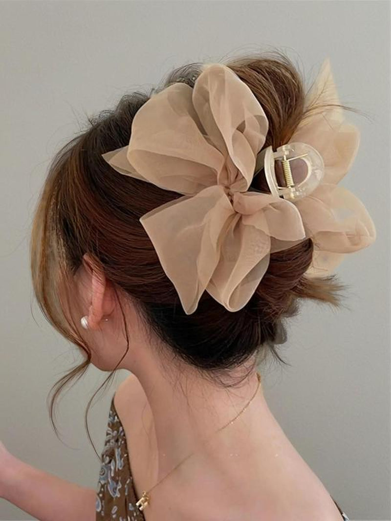 Tiered Layered Bow Design Mesh Hair Claw for Women, Large Size Easy Grasping Clip for Back to School