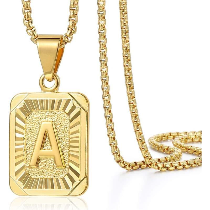 Initial A-Z Letter Pendant Necklace Mens Womens Capital Letter Yellow Plated Stainless Steel Box Chain 22Inch