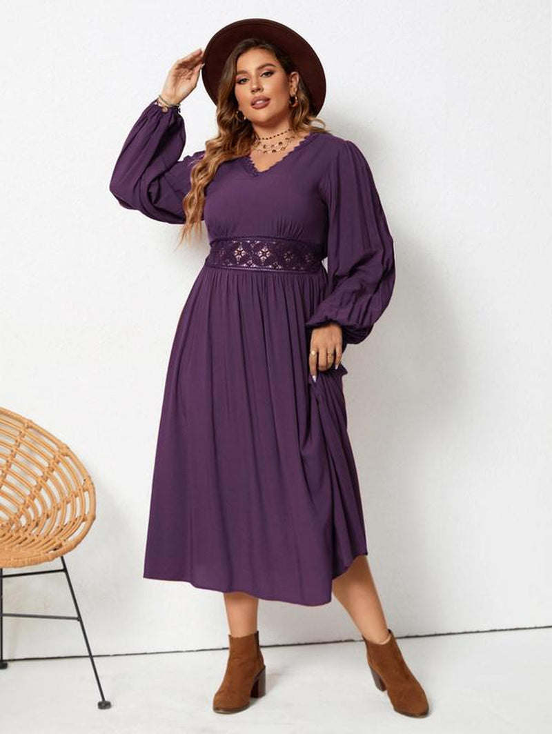 Plus Size Plain Contrast Lace V Neck Bishop Sleeve A-Line Dress, Elegant Long Sleeve High Waist Midi Dress for Spring & Fall, Women'S plus Size Dresses for Daily Wear, Clothes for Women