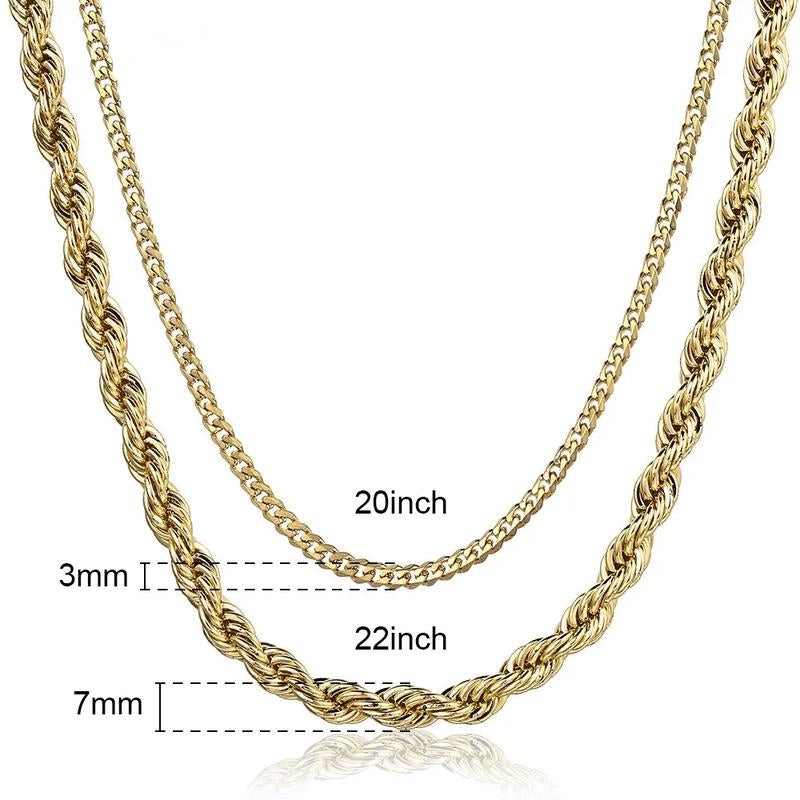 Hermah Fashion Mens Womens Double Chains Stainless Steel Curb Cuban Twisted Rope Necklace Chain Link