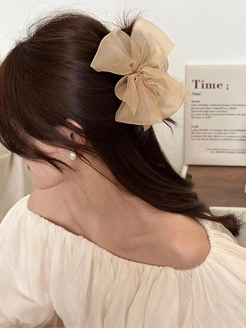 Tiered Layered Bow Design Mesh Hair Claw for Women, Large Size Easy Grasping Clip for Back to School