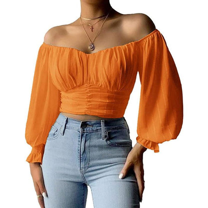 Fisoew Womens Elegant off the Shoulder Puff Sleeve Blouse Summer Chiffon Slim Fit Party Crop Top