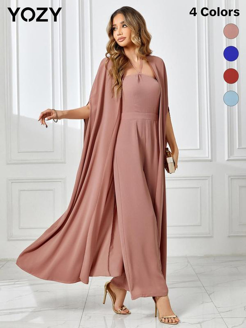 YOZY [4 Colors] Halter Neck Jumpsuit & Cloak Sleeve Floaty Set, Elegant Thin Solid Sleeveless Tie Back Wide Leg Jumpsuit & Solid Long Cape Set, 2024 Women'S Daily Wear for Spring & Summer & Fall