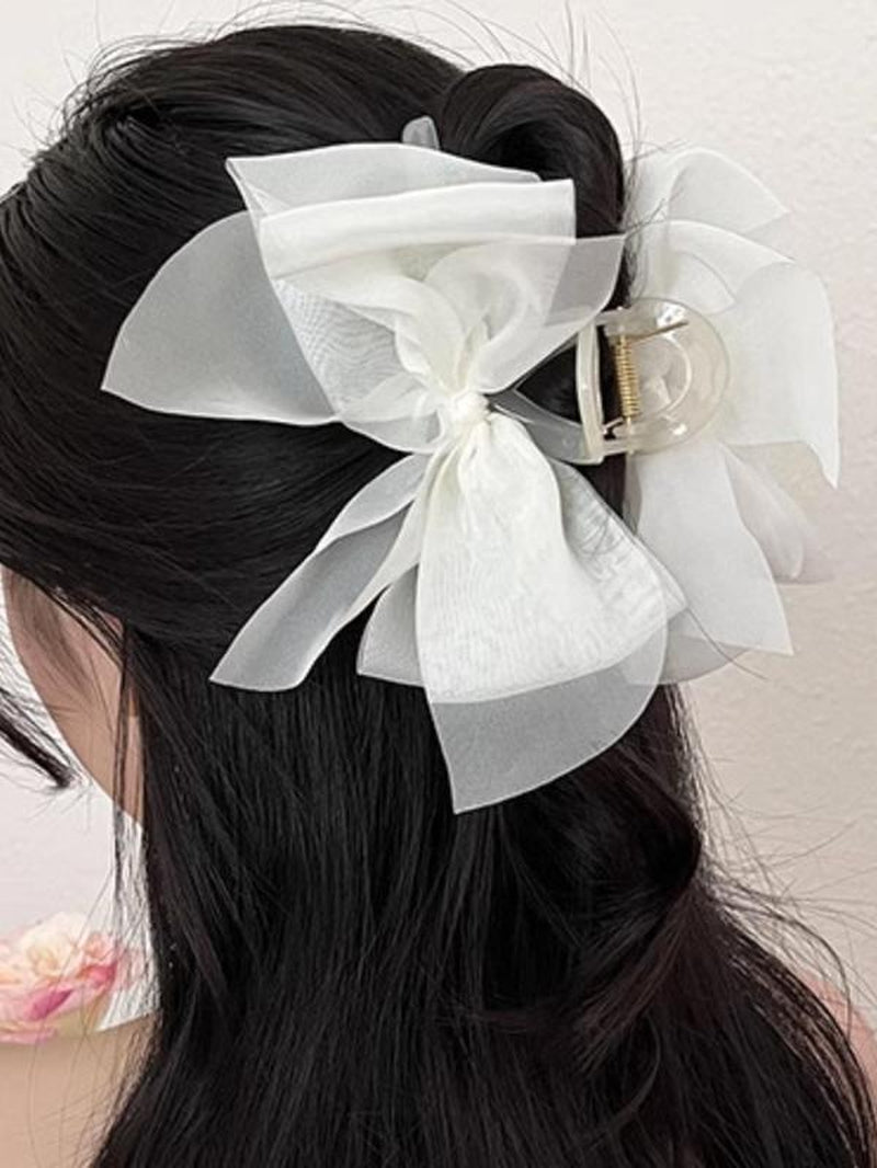 Tiered Layered Bow Design Mesh Hair Claw for Women, Large Size Easy Grasping Clip for Back to School