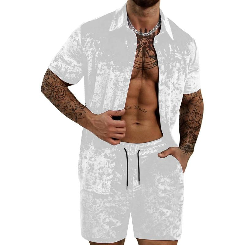 Mens Tracksuit Diamond Velvet Shirts and Shorts Set Fashion Casual 2 Piece Outfits for Men