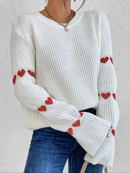 Women'S Heart Print Drop Shoulder Sweater, Casual Long Sleeve round Neck Jumper for Daily Outdoor Wear, Women Comfort Knit Top for Spring & Fall