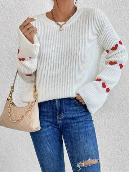 Women'S Heart Print Drop Shoulder Sweater, Casual Long Sleeve round Neck Jumper for Daily Outdoor Wear, Women Comfort Knit Top for Spring & Fall