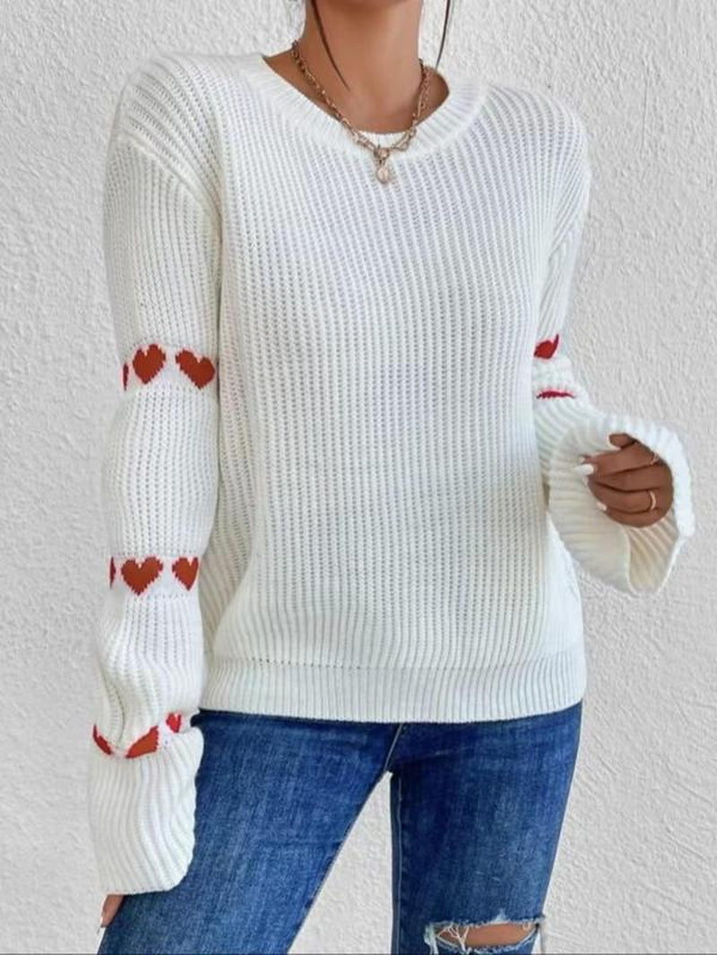 Women'S Heart Print Drop Shoulder Sweater, Casual Long Sleeve round Neck Jumper for Daily Outdoor Wear, Women Comfort Knit Top for Spring & Fall