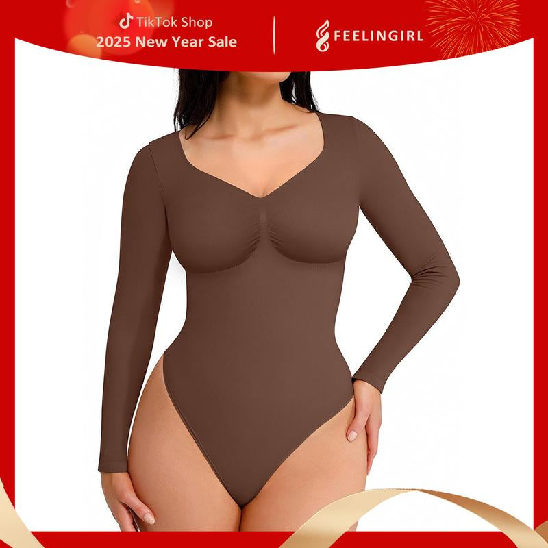 Feelingirl Women'S Seamless Sculpt Long Sleeve Thong Comfortable Bodysuit for Tops and Underwear Lady Comfort Basic