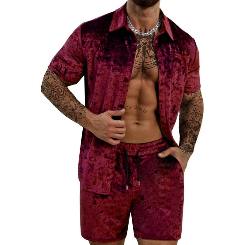 Mens Tracksuit Diamond Velvet Shirts and Shorts Set Fashion Casual 2 Piece Outfits for Men