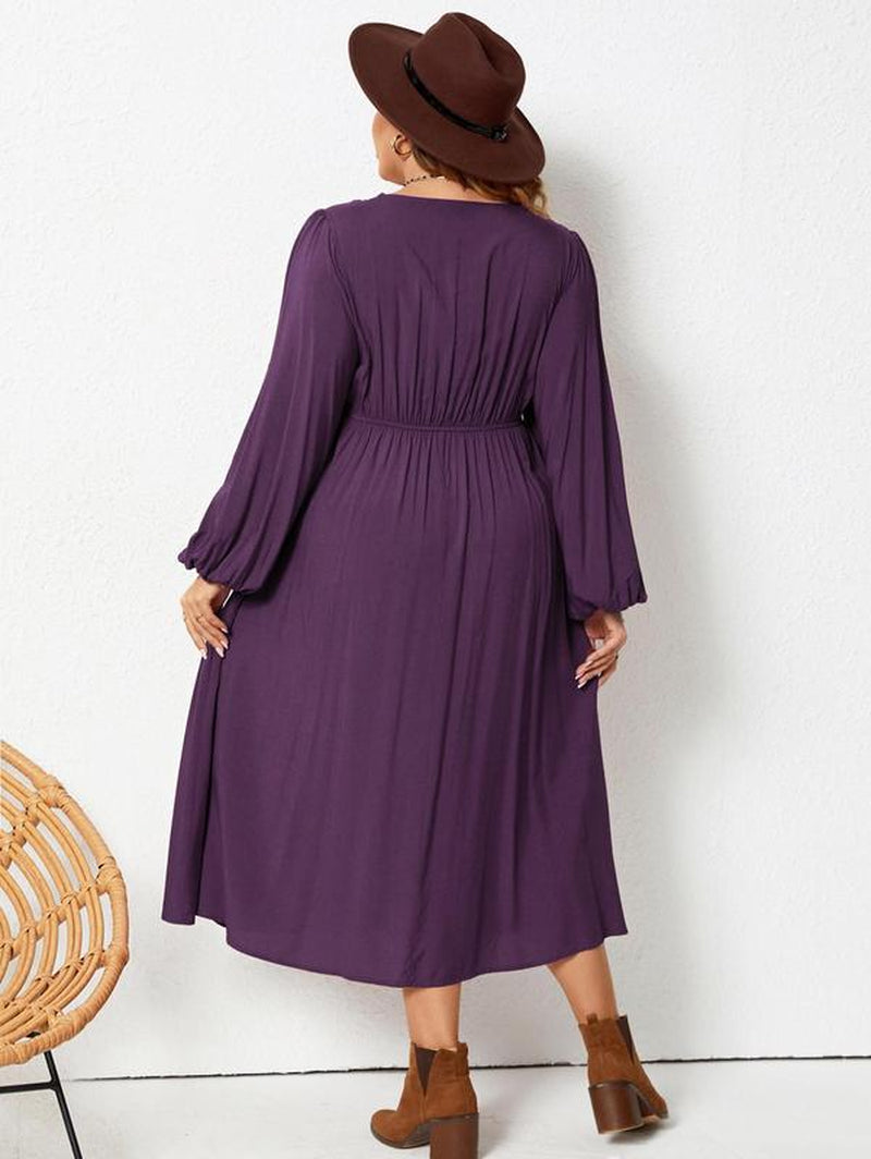 Plus Size Plain Contrast Lace V Neck Bishop Sleeve A-Line Dress, Elegant Long Sleeve High Waist Midi Dress for Spring & Fall, Women'S plus Size Dresses for Daily Wear, Clothes for Women