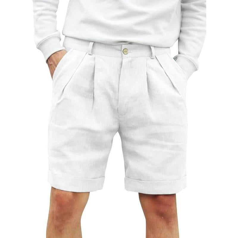 Runcati Mens Cotton Linen Flat Front Shorts Button up Closure Elastic Waist Regular Fit Summer Beach Shorts PQ4800 Menswear Wetsuit