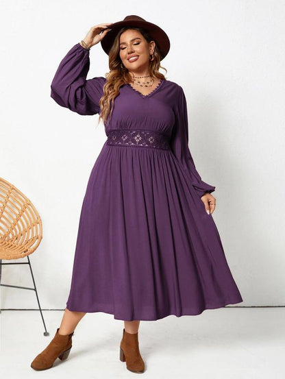 Plus Size Plain Contrast Lace V Neck Bishop Sleeve A-Line Dress, Elegant Long Sleeve High Waist Midi Dress for Spring & Fall, Women'S plus Size Dresses for Daily Wear, Clothes for Women