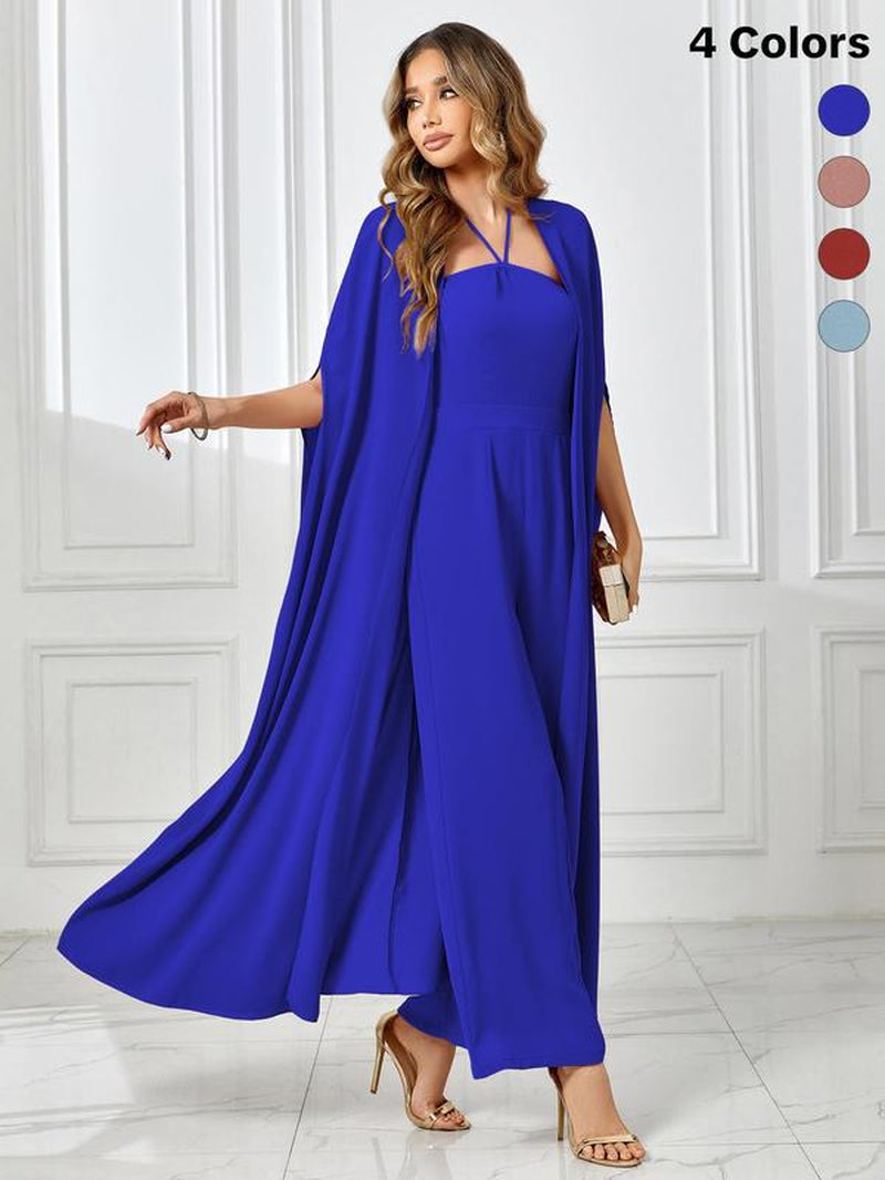 YOZY [4 Colors] Halter Neck Jumpsuit & Cloak Sleeve Floaty Set, Elegant Thin Solid Sleeveless Tie Back Wide Leg Jumpsuit & Solid Long Cape Set, 2024 Women'S Daily Wear for Spring & Summer & Fall