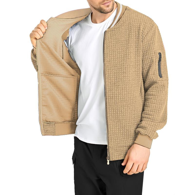 SAVKOOV Mens Lightweight Jacket Casual Bomber Jacket Varsity Coat Menswear Tops Menswear Tops Underwear Plain Long Sleeve Beige