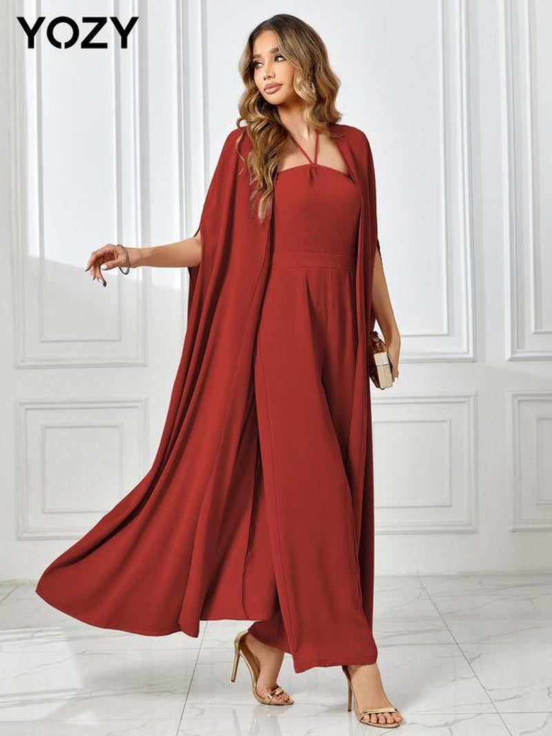 YOZY [4 Colors] Halter Neck Jumpsuit & Cloak Sleeve Floaty Set, Elegant Thin Solid Sleeveless Tie Back Wide Leg Jumpsuit & Solid Long Cape Set, 2024 Women'S Daily Wear for Spring & Summer & Fall