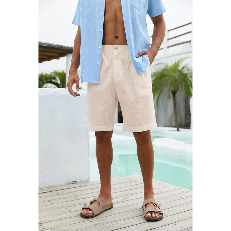 Runcati Mens Cotton Linen Flat Front Shorts Button up Closure Elastic Waist Regular Fit Summer Beach Shorts PQ4800 Menswear Wetsuit