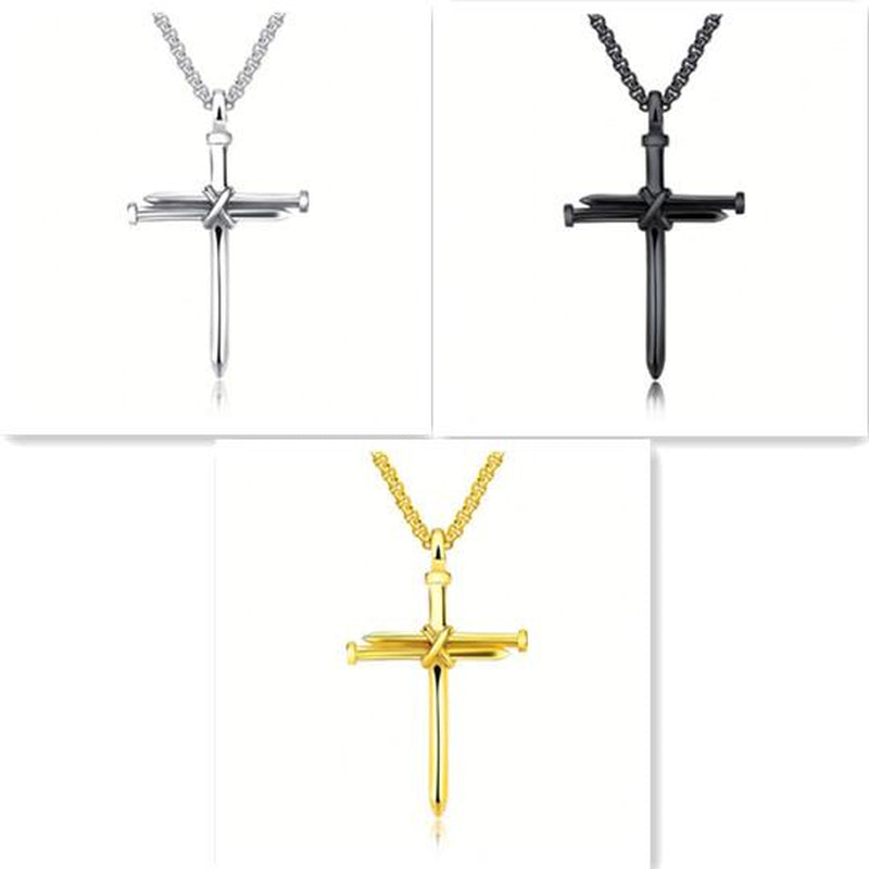 Steel Gold Black Color Fashion Mens Iron Nail Cross Pendant Necklace Stainless Steel 3Mm round Box Chain Jewelry Gift for Men Crucifix Faith Charm Necklace Fashion Jewelry Chain Men