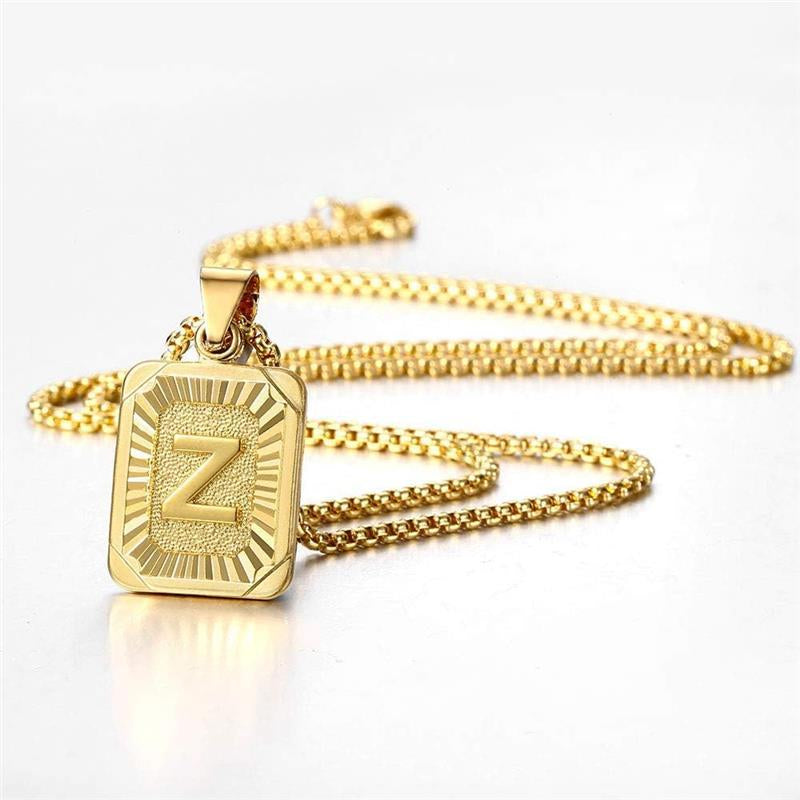 Initial A-Z Letter Pendant Necklace Mens Womens Capital Letter Yellow Plated Stainless Steel Box Chain 22Inch