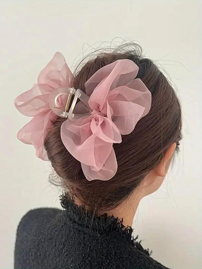 Tiered Layered Bow Design Mesh Hair Claw for Women, Large Size Easy Grasping Clip for Back to School