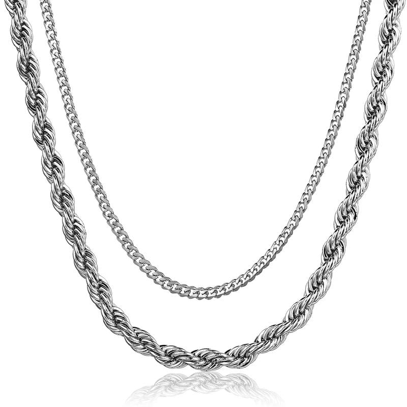 Hermah Fashion Mens Womens Double Chains Stainless Steel Curb Cuban Twisted Rope Necklace Chain Link