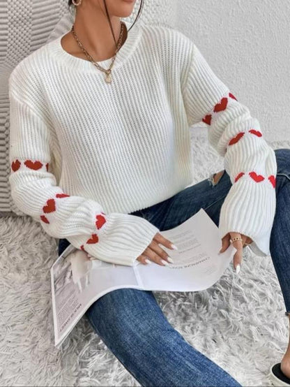 Women'S Heart Print Drop Shoulder Sweater, Casual Long Sleeve round Neck Jumper for Daily Outdoor Wear, Women Comfort Knit Top for Spring & Fall