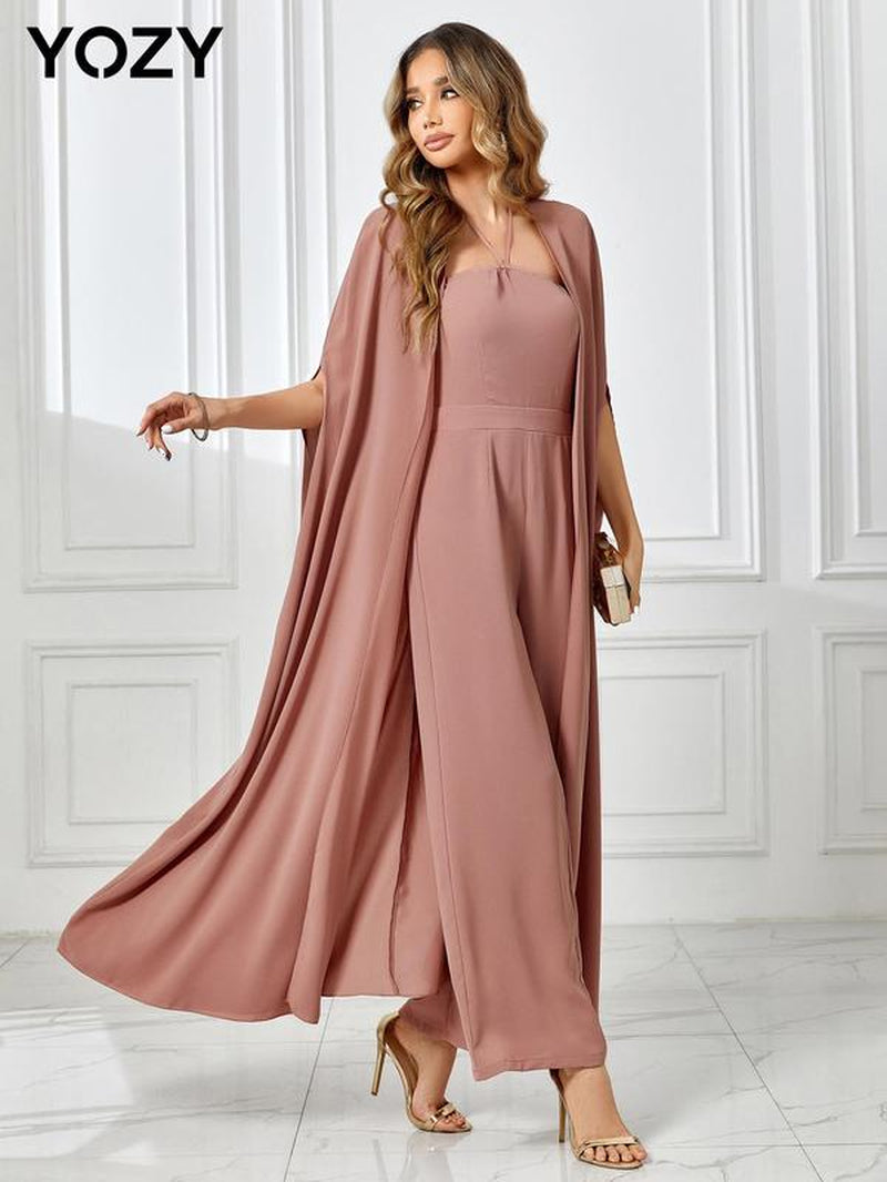 YOZY [4 Colors] Halter Neck Jumpsuit & Cloak Sleeve Floaty Set, Elegant Thin Solid Sleeveless Tie Back Wide Leg Jumpsuit & Solid Long Cape Set, 2024 Women'S Daily Wear for Spring & Summer & Fall