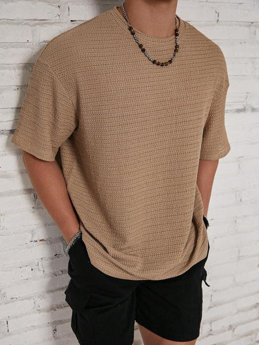 Men'S Solid Color Hollow Out Drop Shoulder Shortsleeve Jacquard Tee, Simple Regular Fit Casual Soft Short Sleeve round Neck T-Shirt for Summer, Men'S Knitting Top for Daily Wear, Menswear Tshirt 90S Clothes