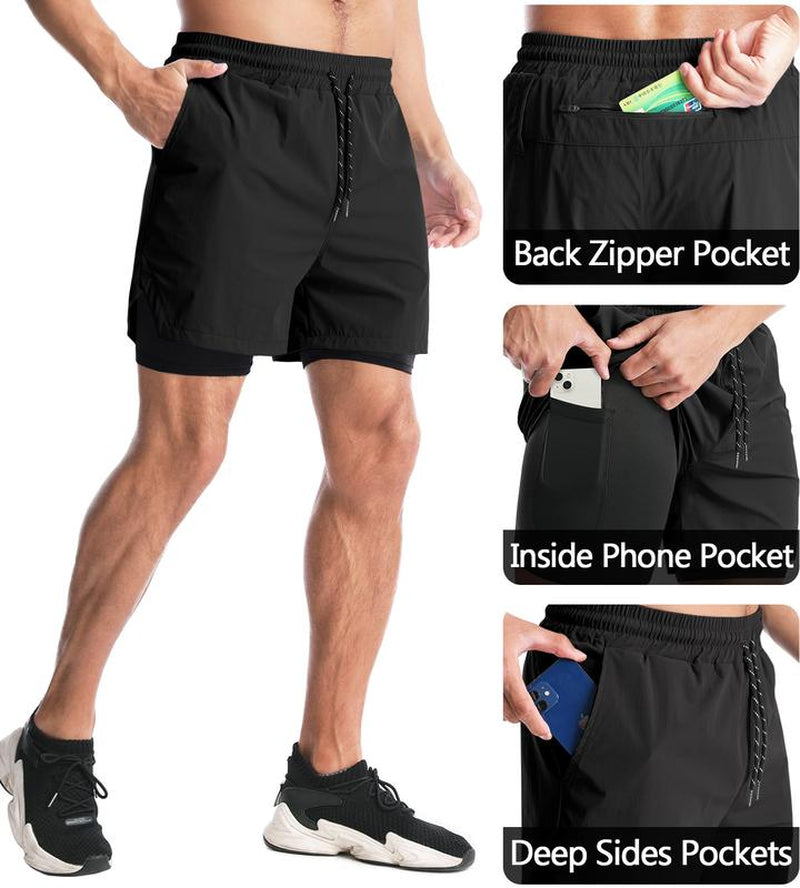 Aolesy Men’S 2 in 1 Running Shorts 5 Inch Workout Gym Athletic Shorts for Men Quick Dry Lightweight Training Shorts with Pockets