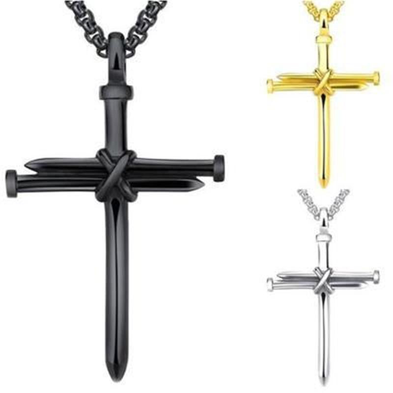 Steel Gold Black Color Fashion Mens Iron Nail Cross Pendant Necklace Stainless Steel 3Mm round Box Chain Jewelry Gift for Men Crucifix Faith Charm Necklace Fashion Jewelry Chain Men