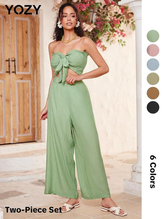 YOZY [6 Colors, Size 0/2-14] Frill Trim Twist Knot Top & Elastic Waist Pants Set/ Boho Tie Front Shirred Cropped Frill Trim Top & Wide Leg Pants, 2024 Ladies Clothes for Beach Holiday Vacation for Spring & Summer, [XS-XXL]